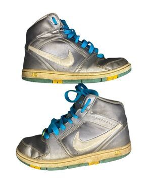 Nike Air Prestige Mid Metallic Silver Blue Yellow High Top Basketball Sneakers